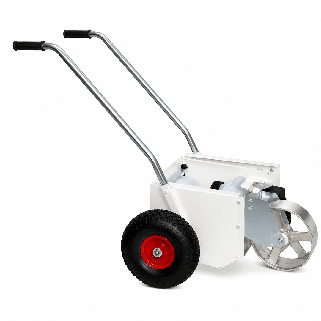 Carucior de trasare cu vopsea ecologica, structura din otel, maner reglabil, 2 roti pneumatice Ø260 mm, rola de marcare 10 cm, rezervor 15 kg